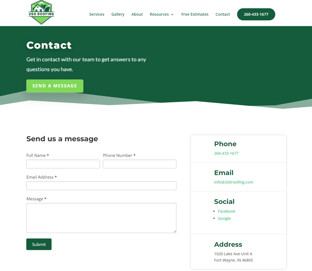 260 Roofing Contact Page