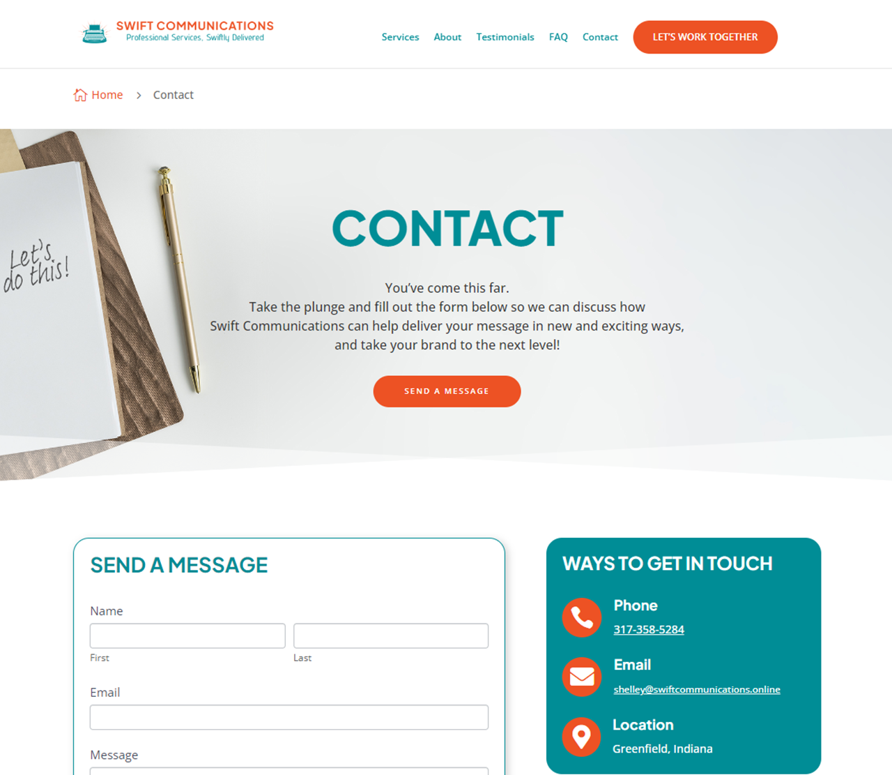 Swift Communications Website Contact Page