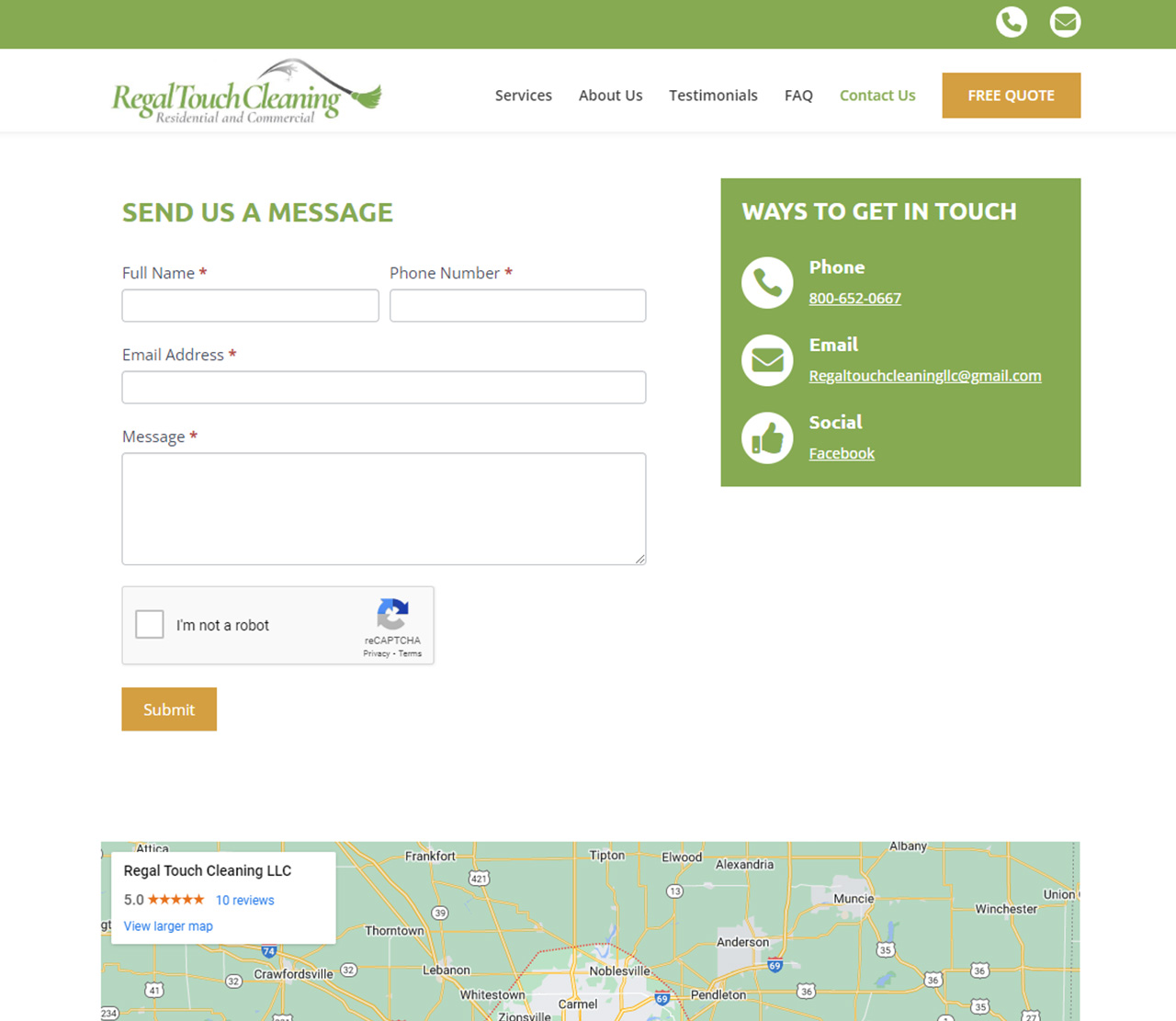 Regal Touch Cleaning Website Contact Page