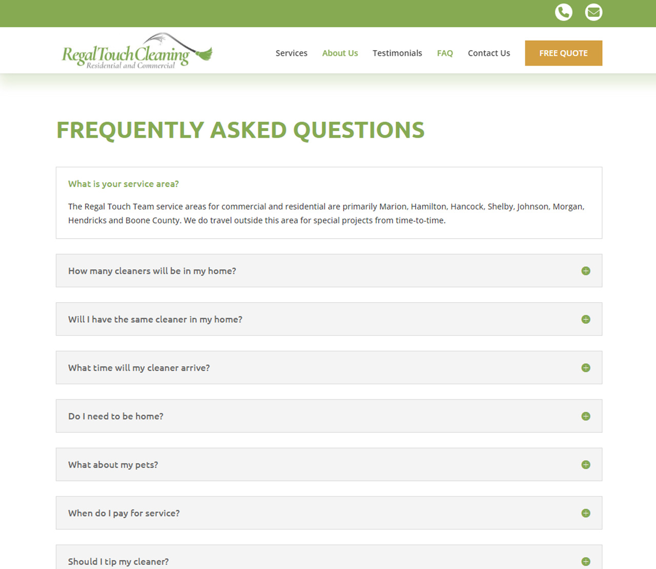Regal Touch Cleaning Website FAQ Page