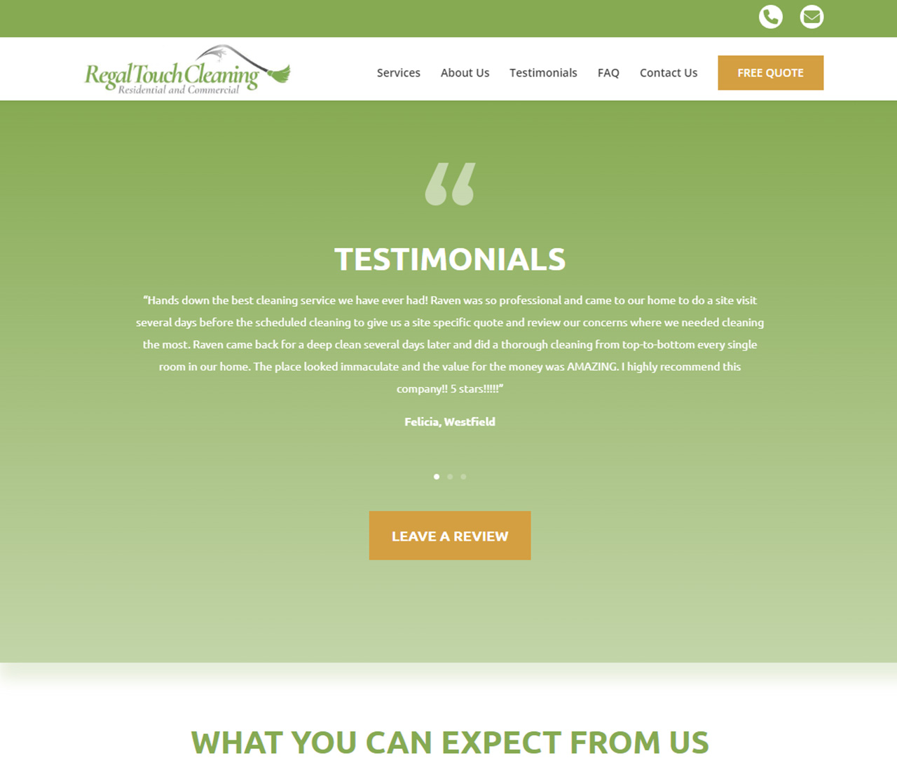Regal Touch Cleaning Website Testimonials Page