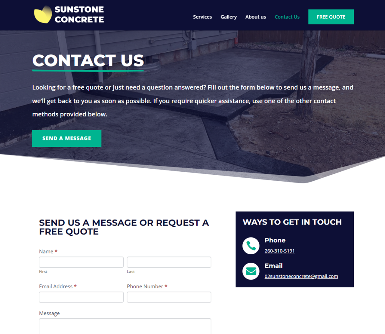 Sunstone Concrete Website Contact Page Thumbnail
